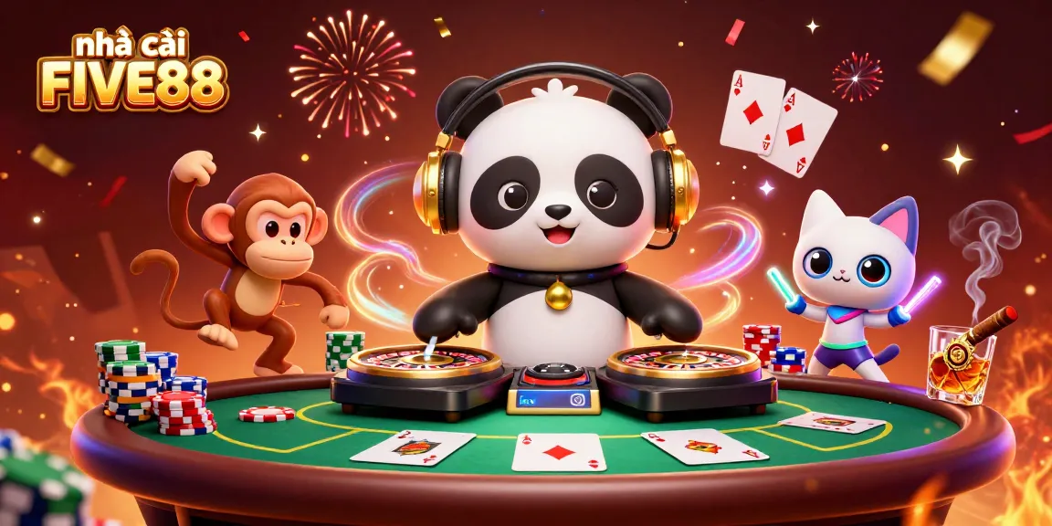 Engaging illustration of nhà cái FIVE88 featuring vibrant characters and dynamic casino elements.