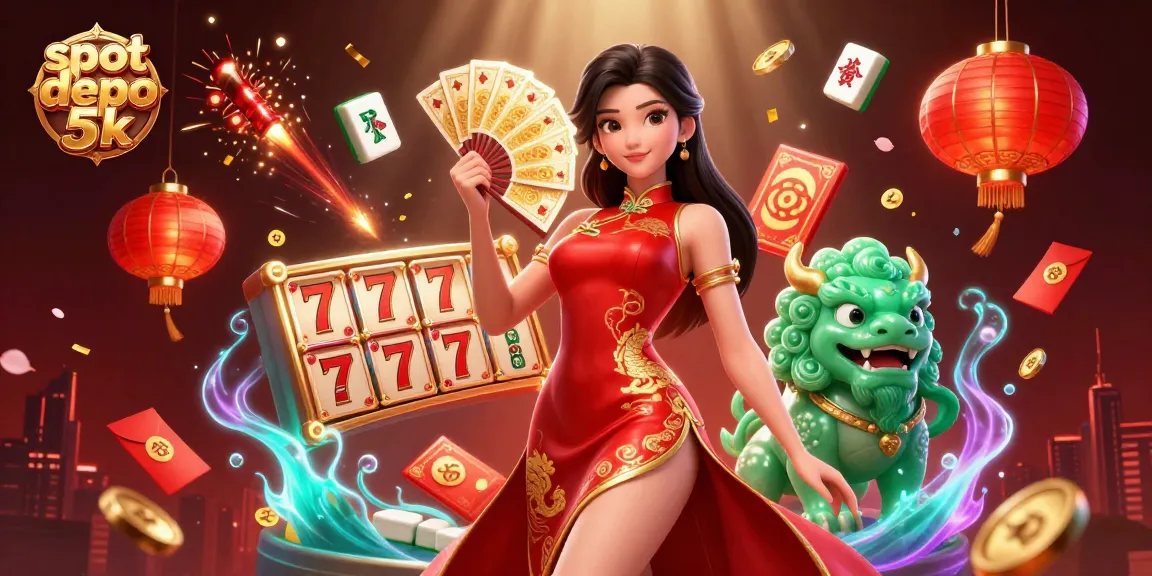 Spin the reels at slot depo 5k with vibrant 3D illustration featuring casino elements and festive atmosphere