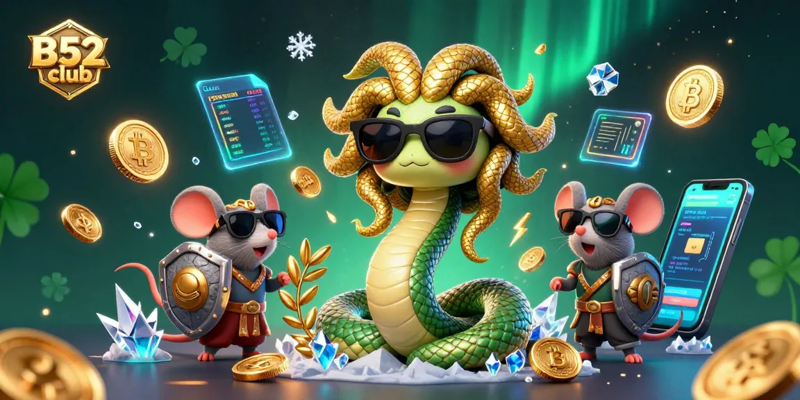 Engage in thrilling gameplay at B52club with a vibrant 3D illustration showcasing friendly Medusa and a warrior mouse amid sparkling coins and dynamic elements.