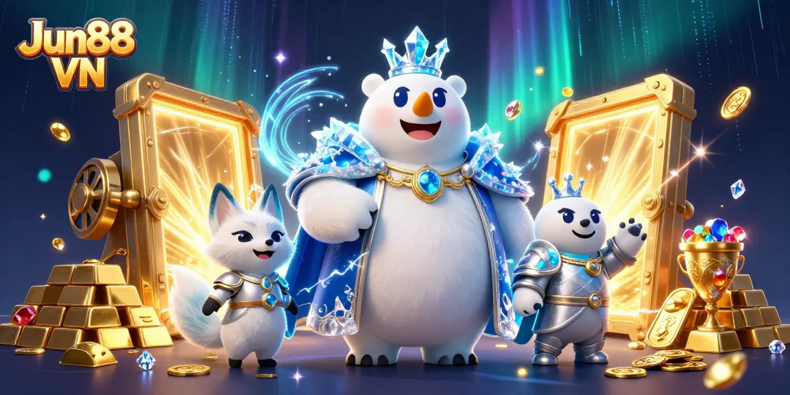 Jun88 VN attracts players with vibrant casino elements featuring a polar bear and snow fox in a dynamic 3D illustration.