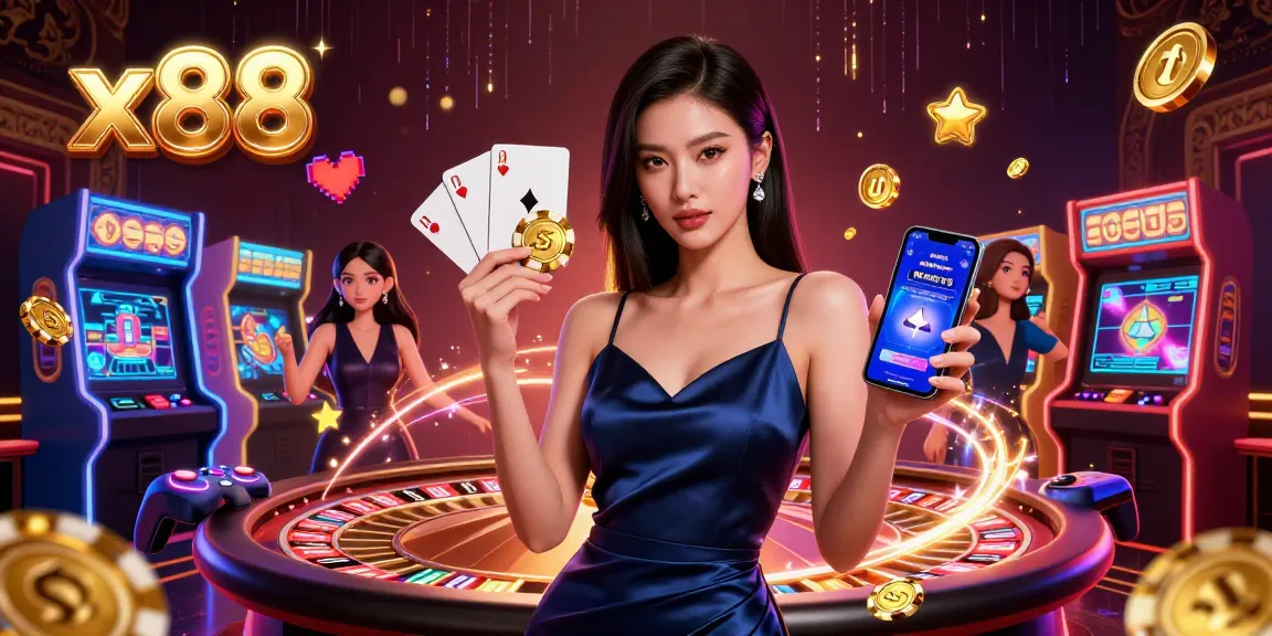 x88 casino illustration featuring an Asian woman showcasing her gaming skills while engaging with the casino app.