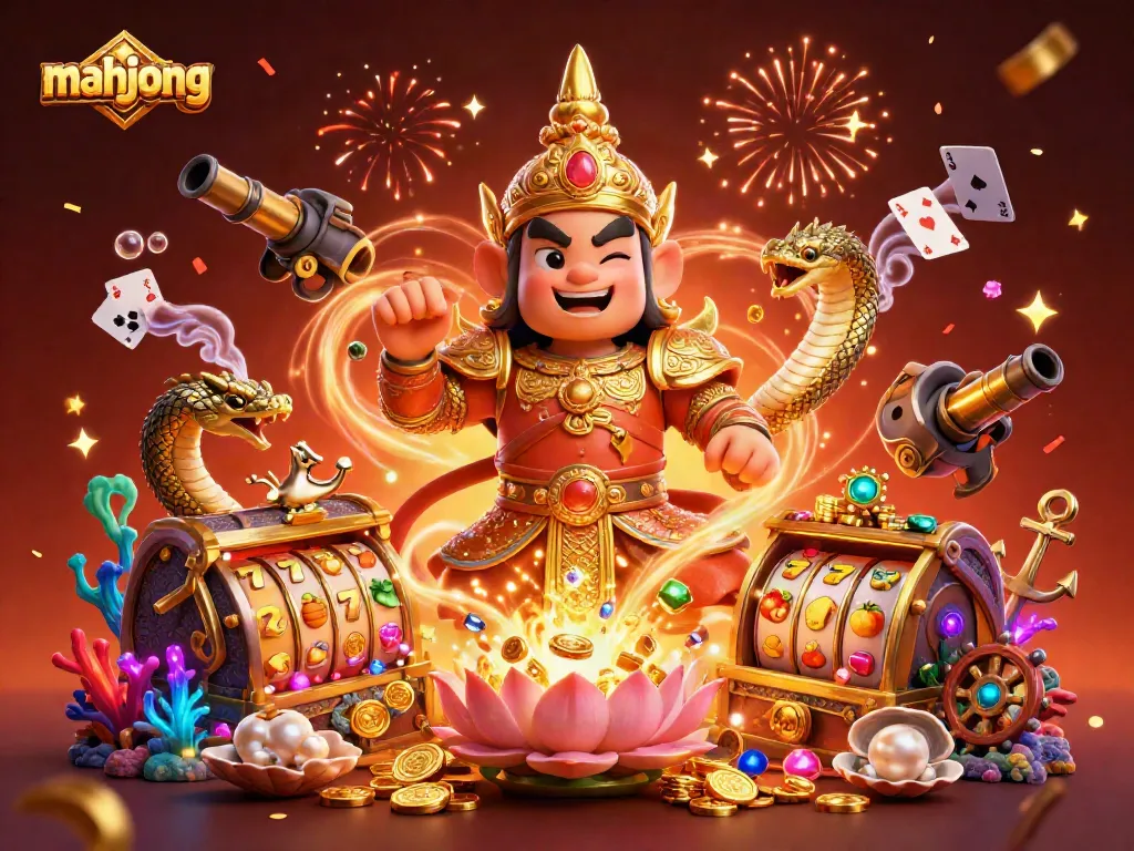 Mahjong permainan slot menarik dengan karakter naga dan penjaga kuil, membawa keberuntungan bagi pemain.