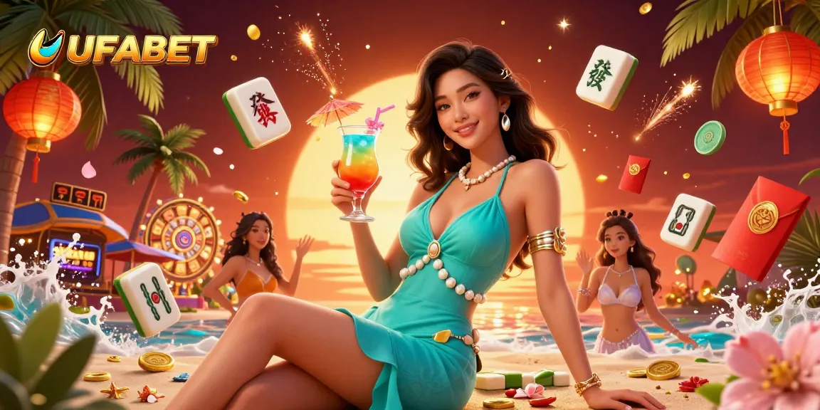 Bet on UFABET with an exciting tropical beach casino illustration capturing the thrill of winning.