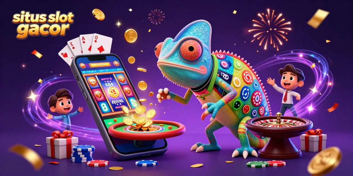 Experience thrilling action at situs slot gacor with a vibrant illustration of a chameleon casino owner.