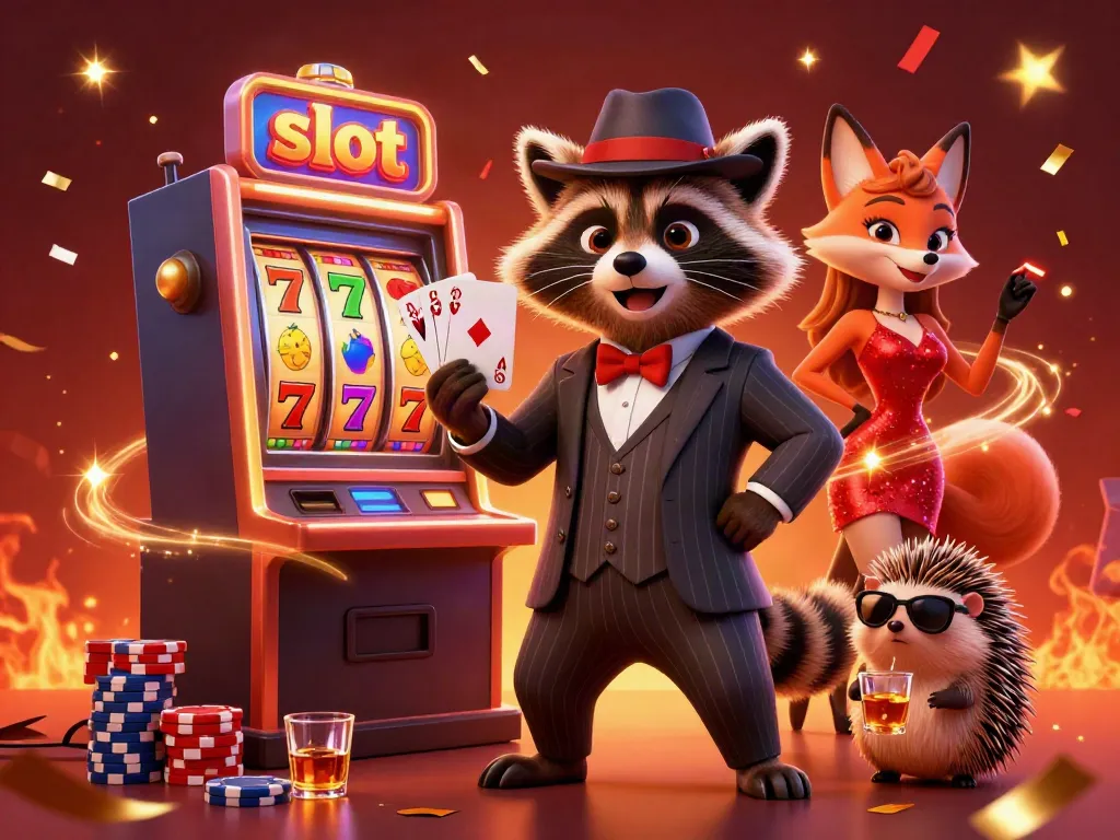 Experience exciting slot gameplay with charming characters and vibrant casino elements in this lively illustration.