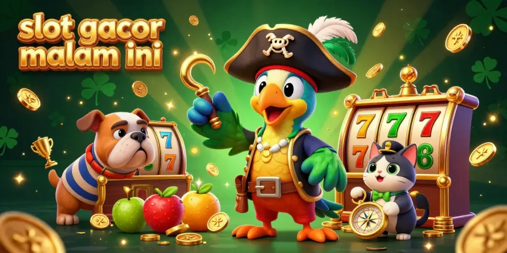 Menangkan slot gacor malam ini dengan ilustrasi 3D yang penuh karakter, roda slot, dan koin emas.