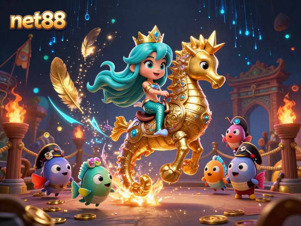 Win big at net88 with an exciting 3D representation of a mermaid princess and a giant seahorse in a vibrant casino world.