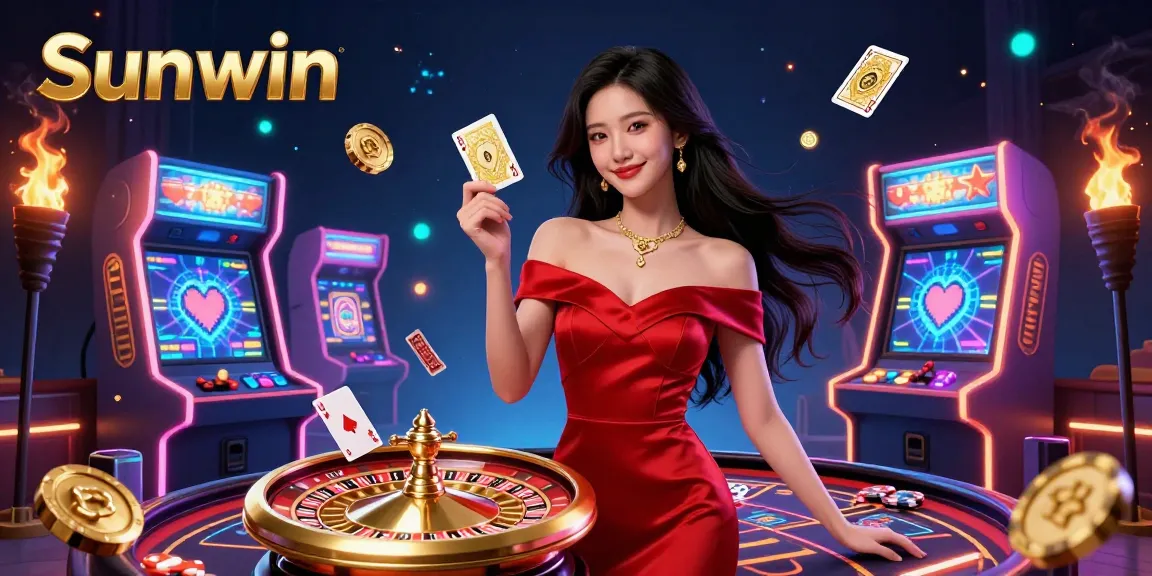 Experience the thrill at Sunwin, featuring a confident woman holding a golden playing card beside a roulette wheel.