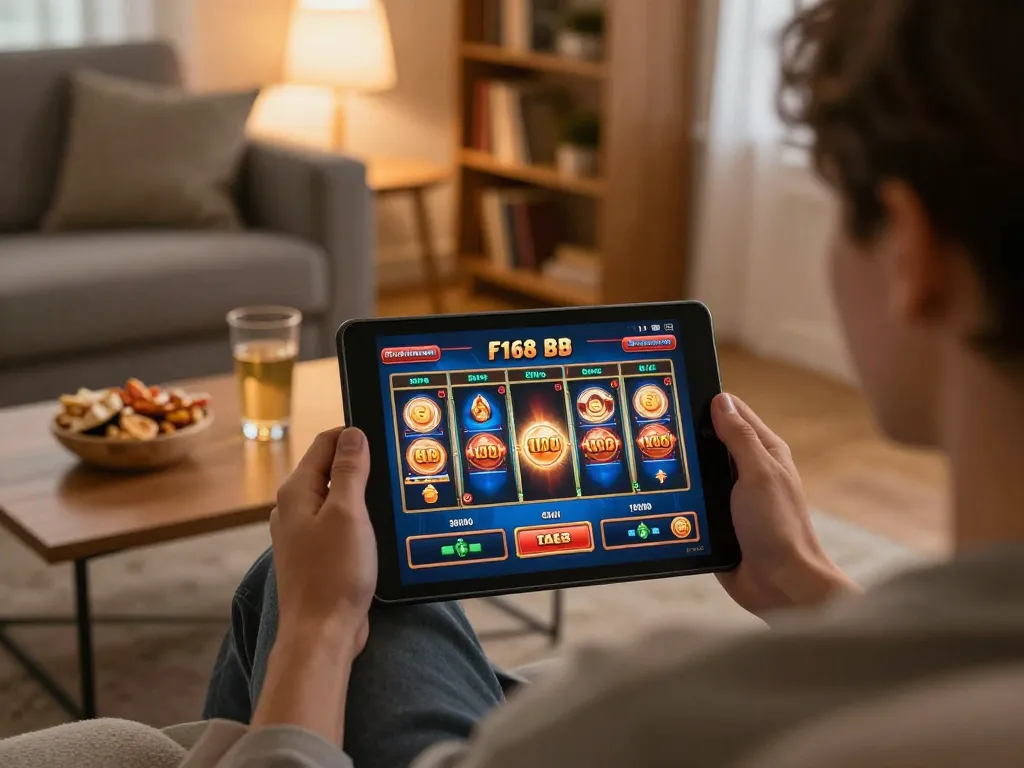 Engaging f168slot action displayed on a tablet during a cozy home gaming session.