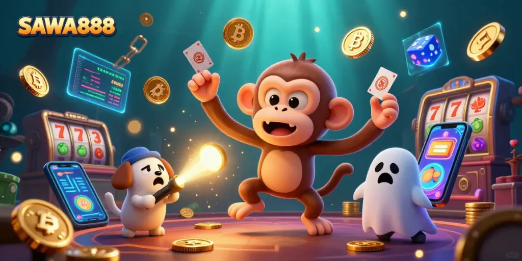 Experience thrilling moments in a vibrant SAWA888 casino atmosphere with jubilant characters in action.