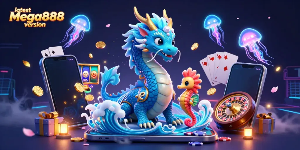 Experience the latest Mega888 version with a vibrant 3D illustration of a dragon, seahorse, and jellyfish.