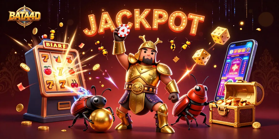BATA4D menghadirkan hiburan kasino dengan ulat hercules dan kumbang, simbol jackpot mengelilingi mereka dalam pesta kemenangan.