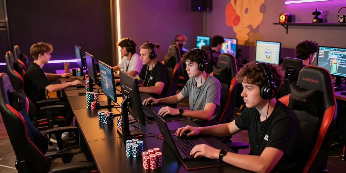 Dynamic scene of players engaged in game bài 68, showcasing vibrant gaming lounge atmosphere with neon lights.