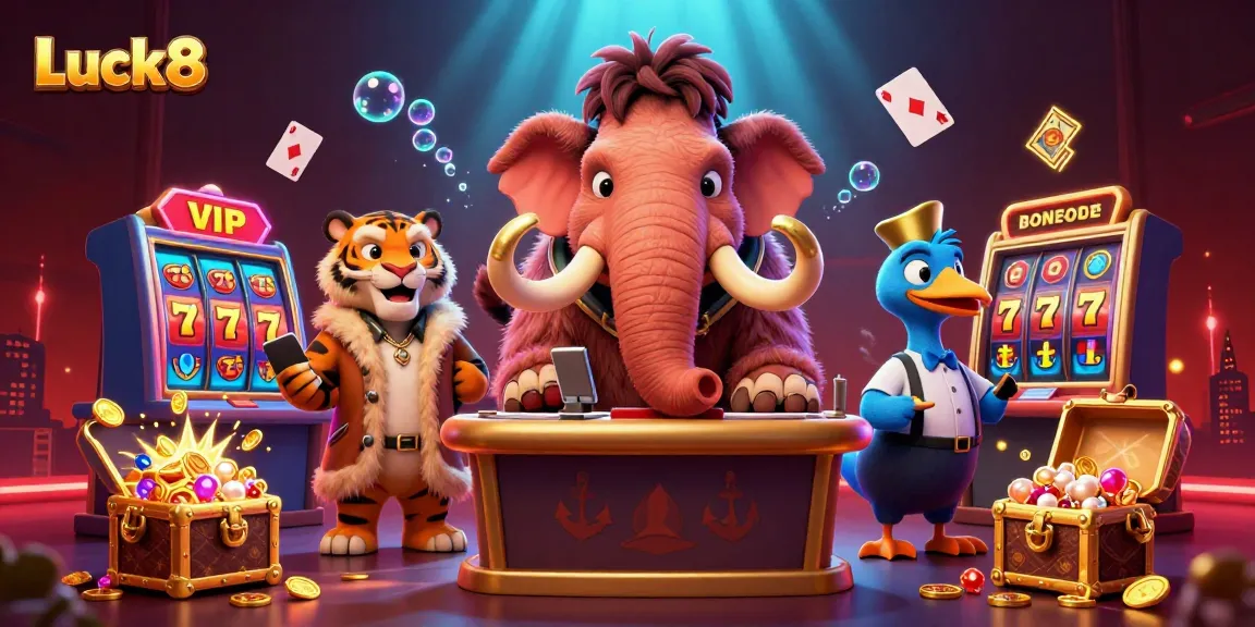 Experience the vibrant casino world of Luck8 as a woolly mammoth bouncer checks VIP guests inside a thrilling atmosphere.