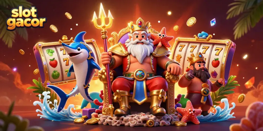 Engage with slot gacor adventure through a vibrant scene featuring sea king Neptune and dazzling jackpots.
