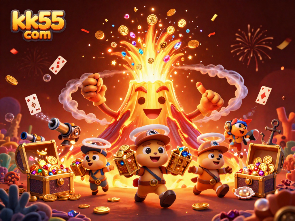 Experience the thrilling adventure of winnings at kk55 com with treasures and gaming elements in this vibrant illustration.