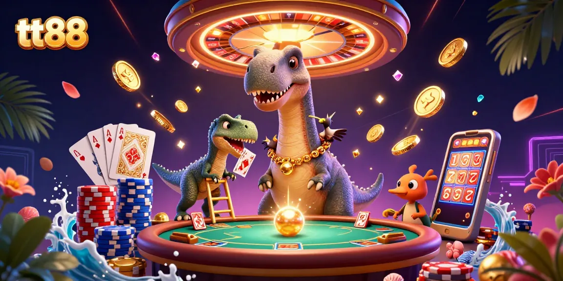 Experience thrilling casino adventures with tt88 in a vibrant 3D illustration full of excitement.