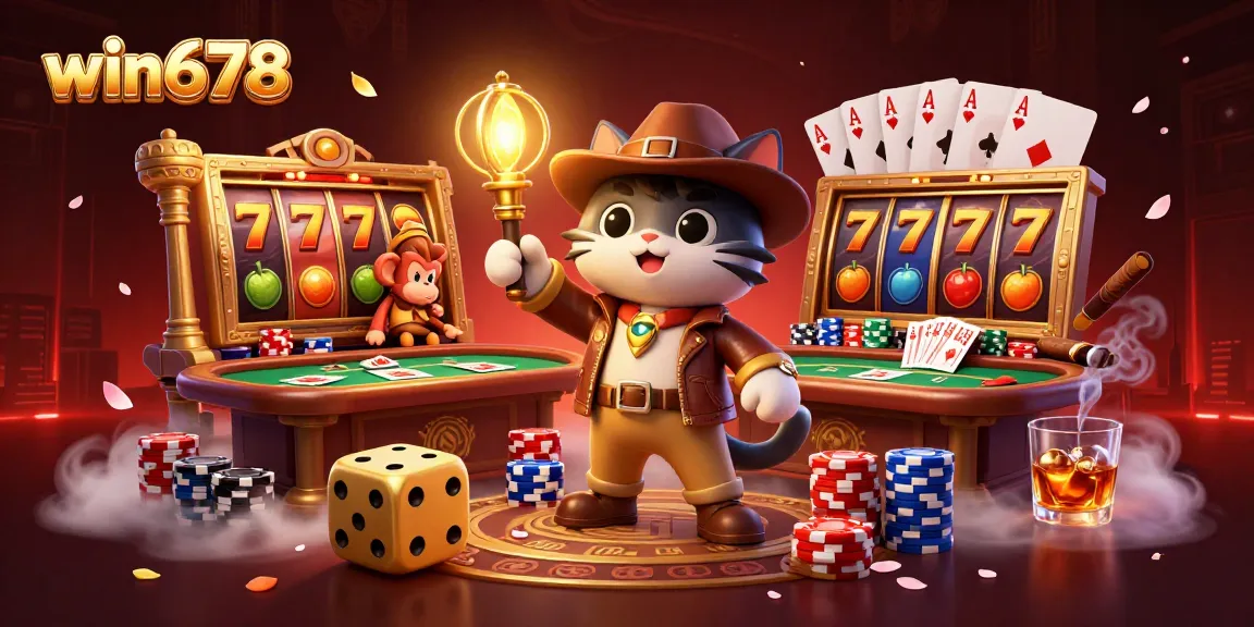 Experience the thrill of win678 with our cat archaeologist uncovering casino treasures in vibrant settings