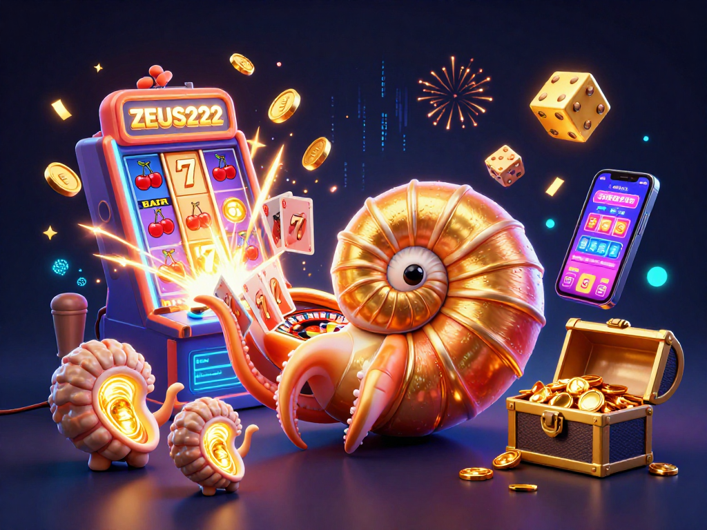 Experience ZEUS222's vibrant gaming scene with ancient nautilus, jackpot slots, and glowing ammonites.