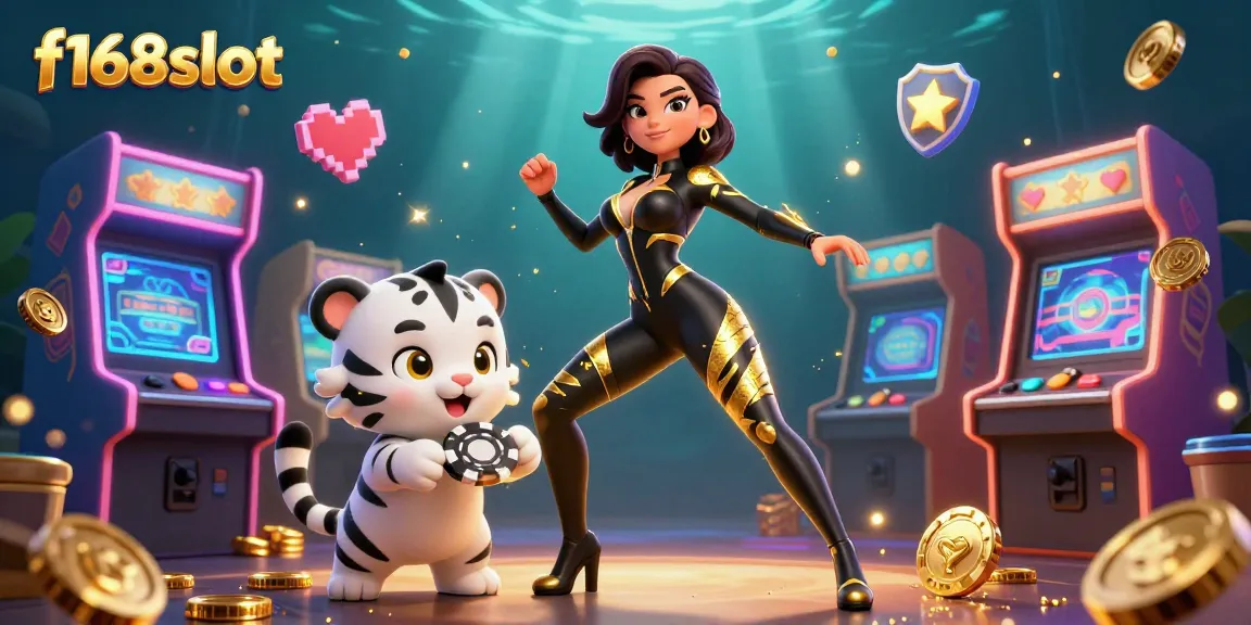 Experience thrilling action with f168slot as a stunning woman plays amidst vibrant casino elements
