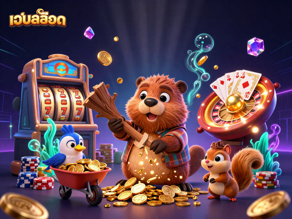Experience เว็บสล็อต fun with beaver chopping a tree raining golden coins amidst vibrant casino elements.