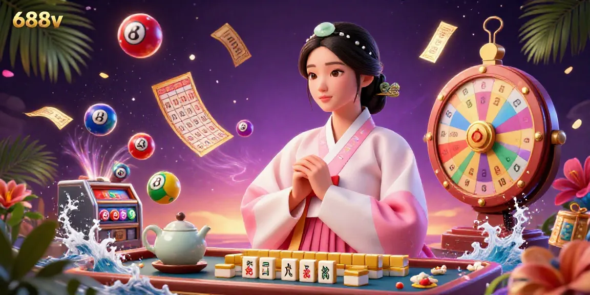 Win big at 688v with an enchanting casino scene featuring festive lottery elements and a serene character ambiance.