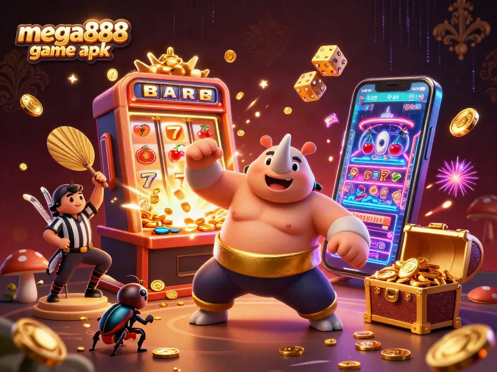 Maximize your potential with mega888 game apk in a vibrant casino-themed 3D illustration.