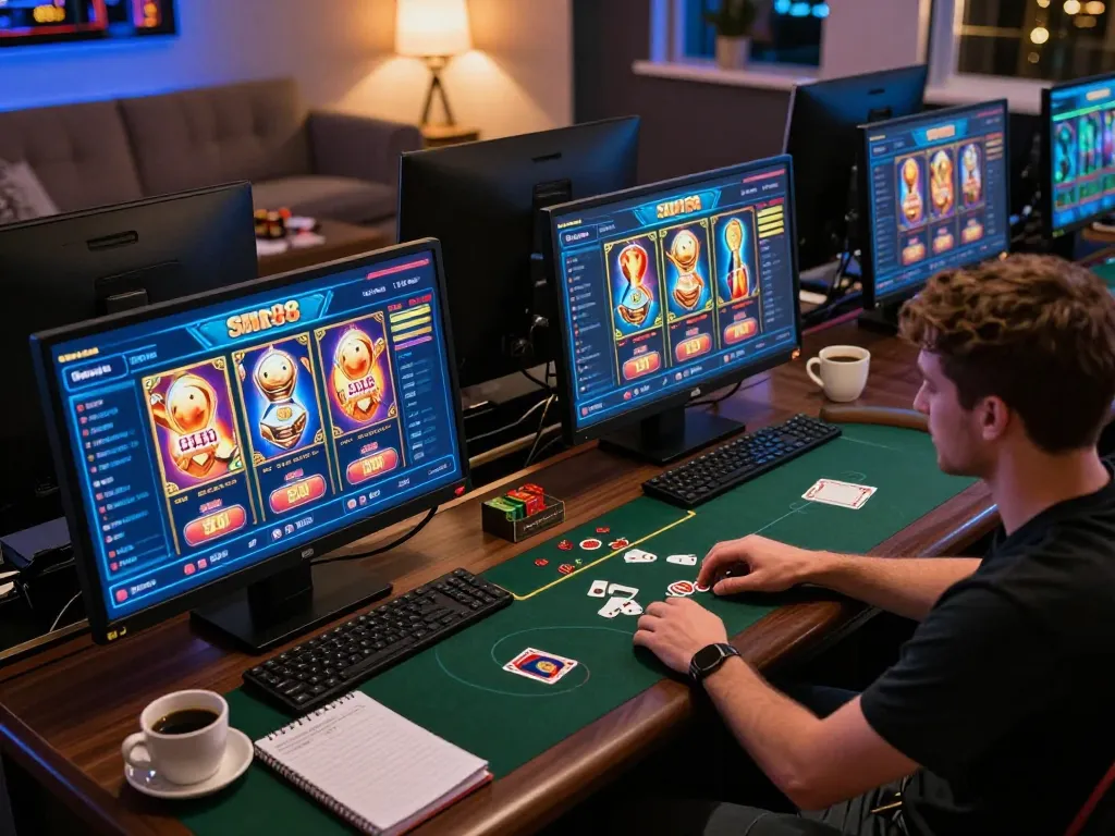 Engaging in Slot88 gameplay at a sophisticated home office, highlighting strategic online gambling excitement.