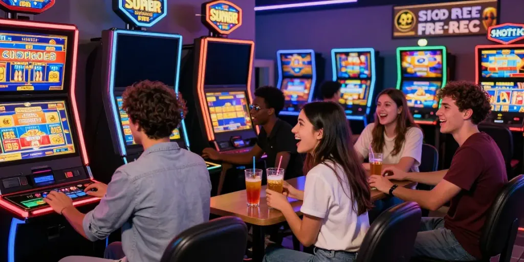 Friends enjoying slot88 games in a colorful gaming lounge, showcasing excitement and community.