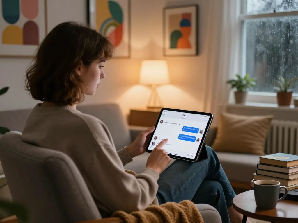 Cozy home office scene showcasing a person engaging with nsfw ai chat on a tablet.