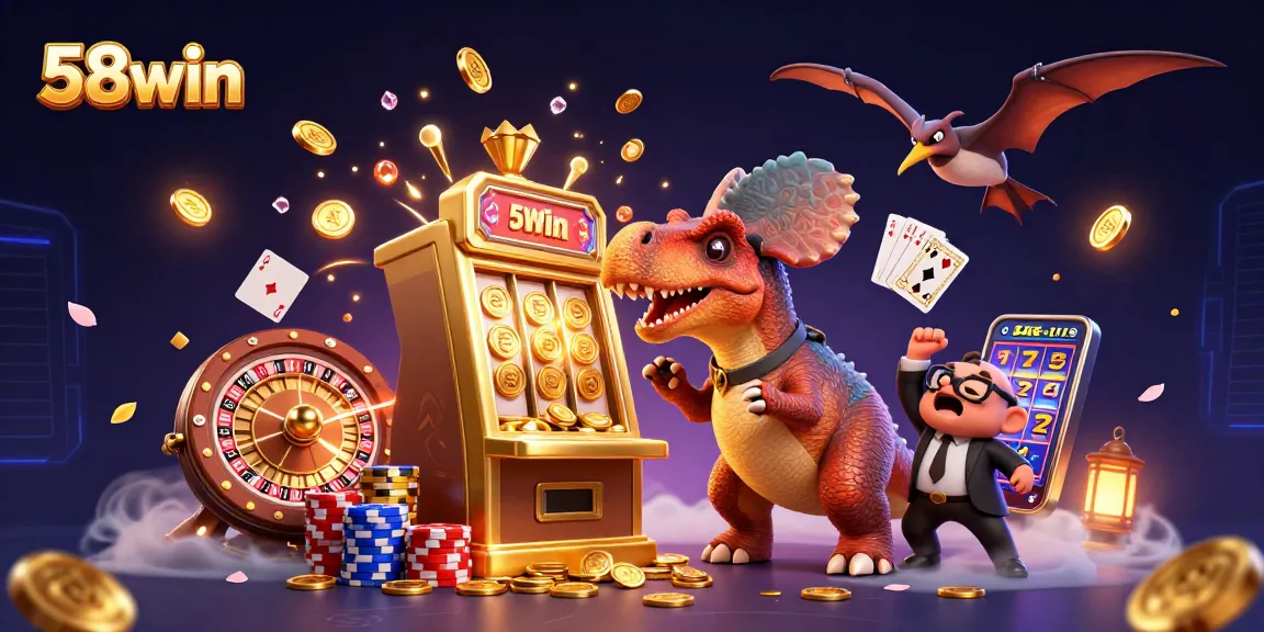 Experience the excitement of 58win with a dynamic scene of casino mascots and golden wins.