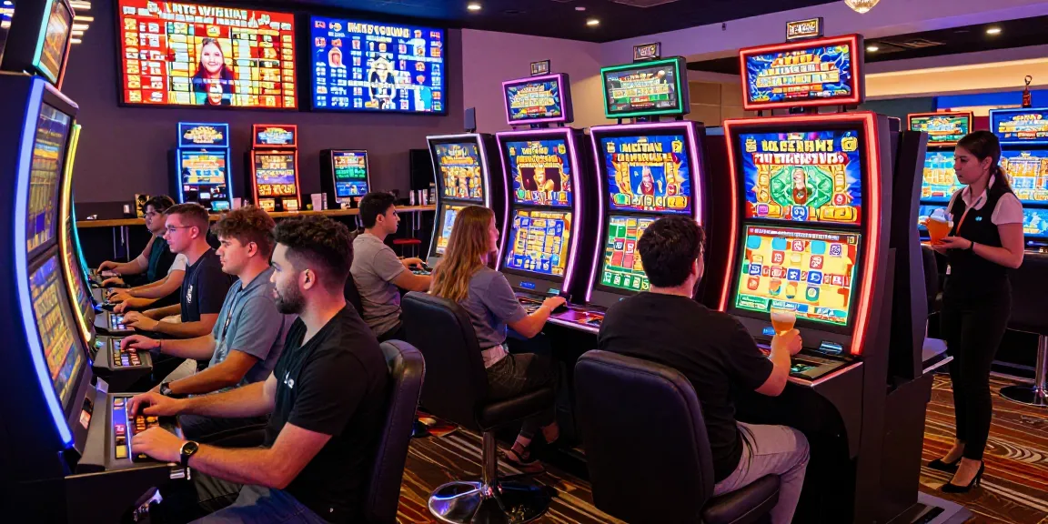 Players enjoying exciting bonus buy slots machines with vibrant graphics in a lively casino.