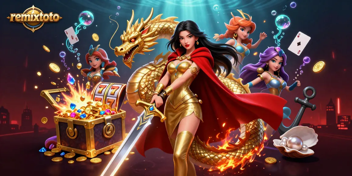 Engage with remixtoto's vibrant gaming experience featuring a warrior queen amid slot reels and treasure.