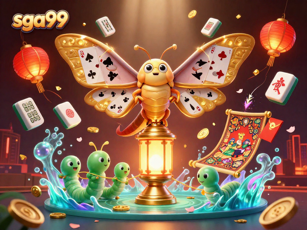 Sga99 streaming luck with an atlas moth and vibrant casino elements in an immersive 3D scene.