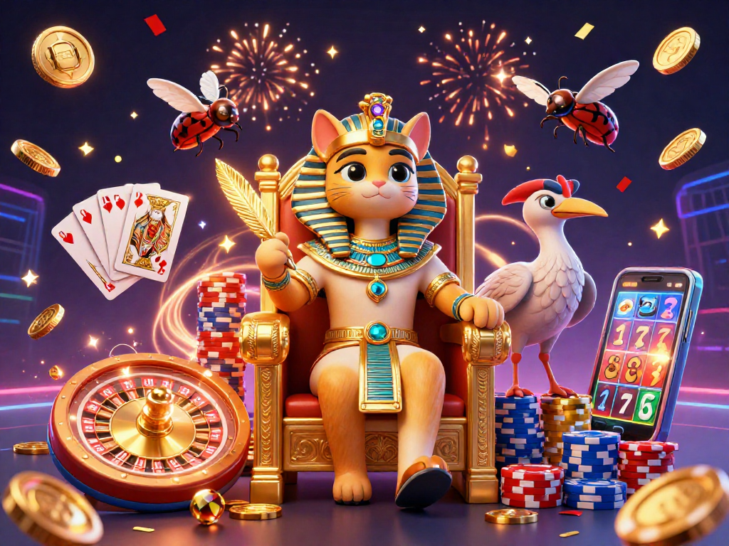 Experience the excitement of go88 with a vibrant 3D casino scene featuring the pharaoh cat, coins, and gaming elements.