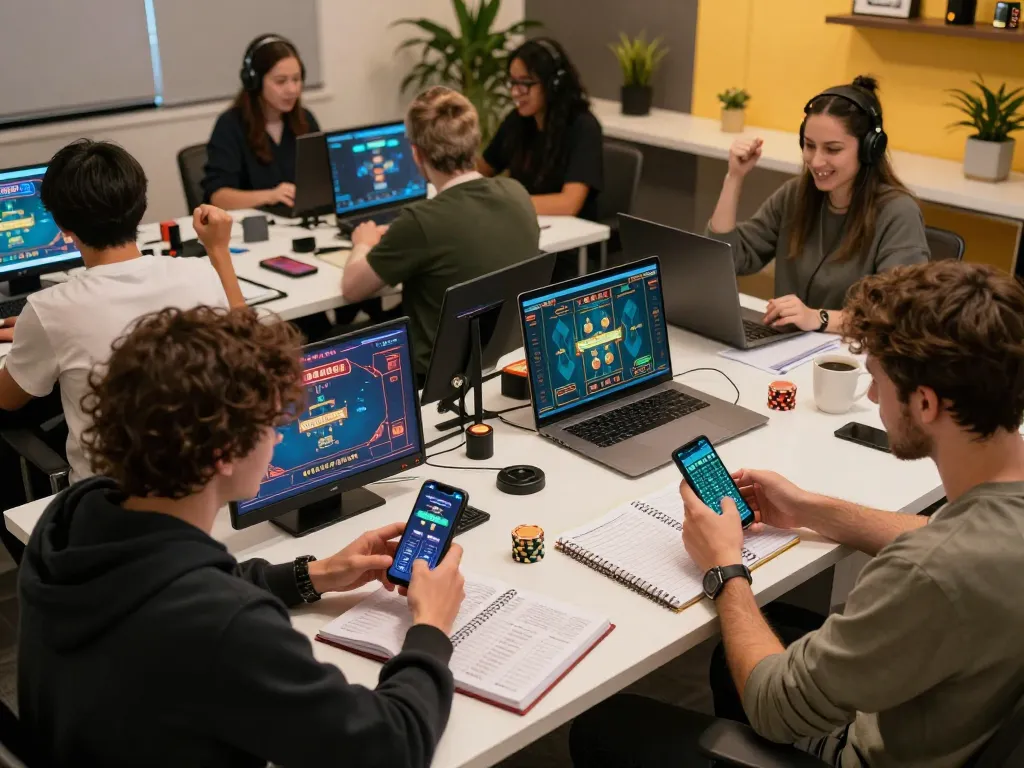 Players engaging with cm88game online, celebrating wins and calculating odds in a modern gaming setup.