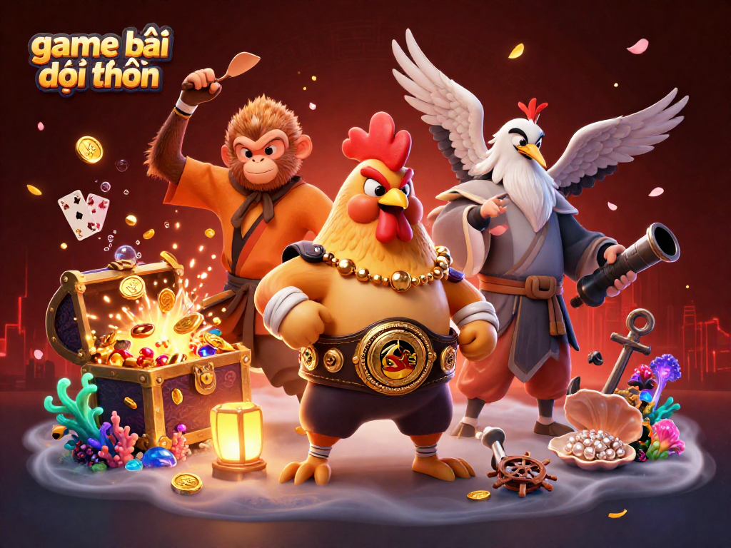 Experience game bài đổi thưởng with a dynamic scene featuring a Muay Thai rooster and more amidst treasure and vibrant elements.