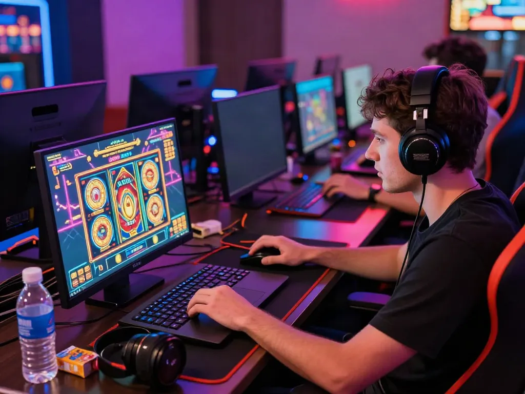 Akunjp gaming scene with player engaged in online slot gaming, vibrant screen graphics glowing in modern home setup.