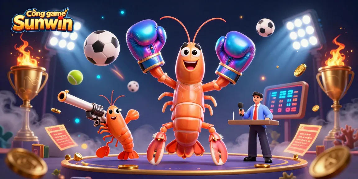 Experience the thrill of the Cổng game Sunwin with vibrant sports and casino elements in this dynamic 3D illustration.