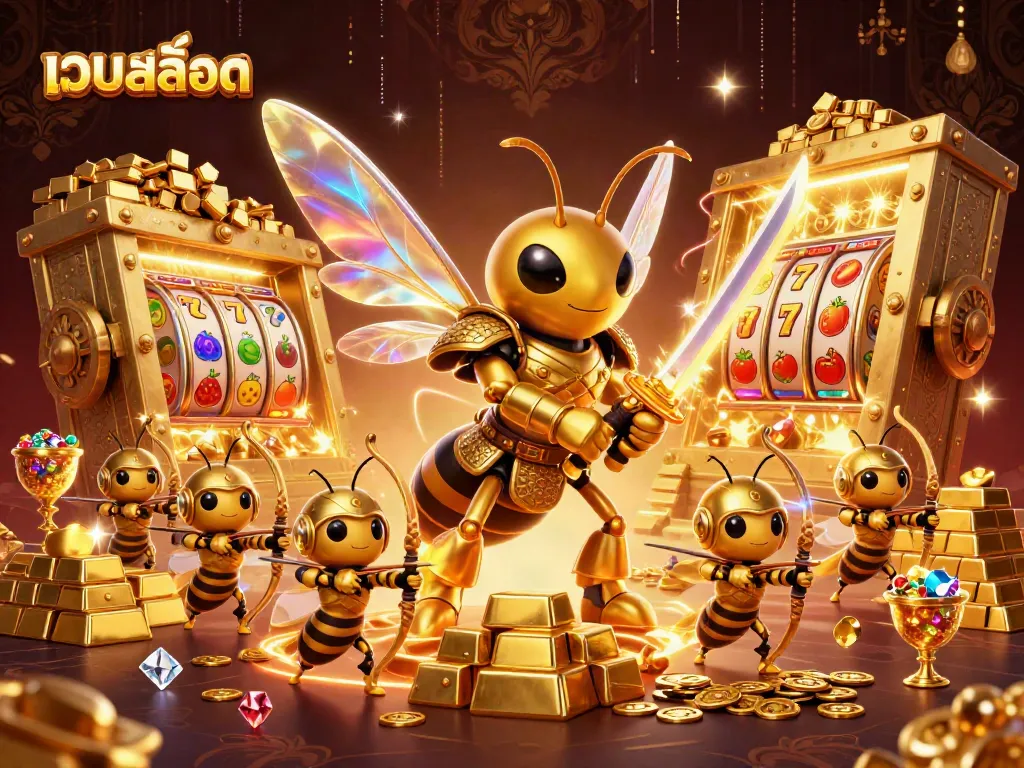 เกมสล็อต เว็บสล็อต 3D แสดงภาพของแมลงปีกแข็งขนาดใหญ่ในชุดเกราะซามูไรพร้อมการออกแบบที่น่าทึ่ง
