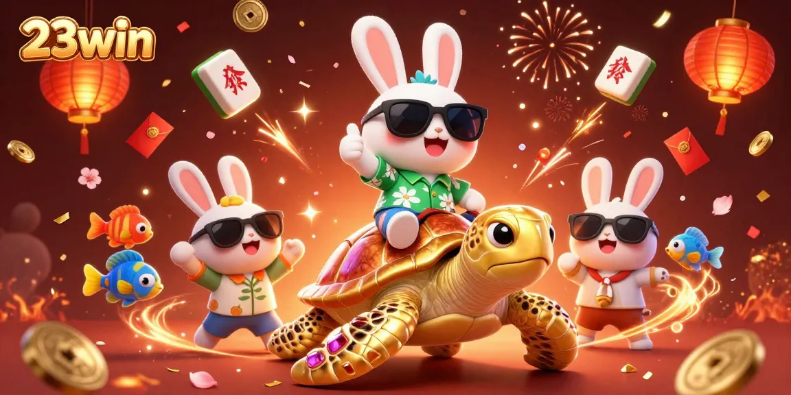 Engage with 23win's vibrant online casino experience featuring a lucky rabbit and sea turtle.