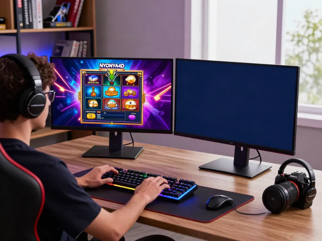Antrean pengguna bermain NYONYA4D login di desktop dengan aksesori gaming modern.