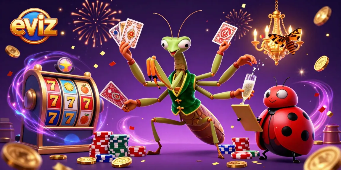 eviz showcases a 3D cartoon mantis and ladybug in a vibrant casino scene celebrating wins.