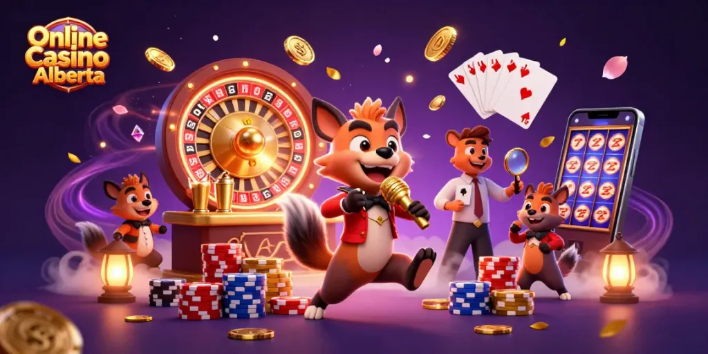 Engage in thrilling games at Online Casino Alberta, showcasing vibrant cartoon hyenas in a lively atmosphere.