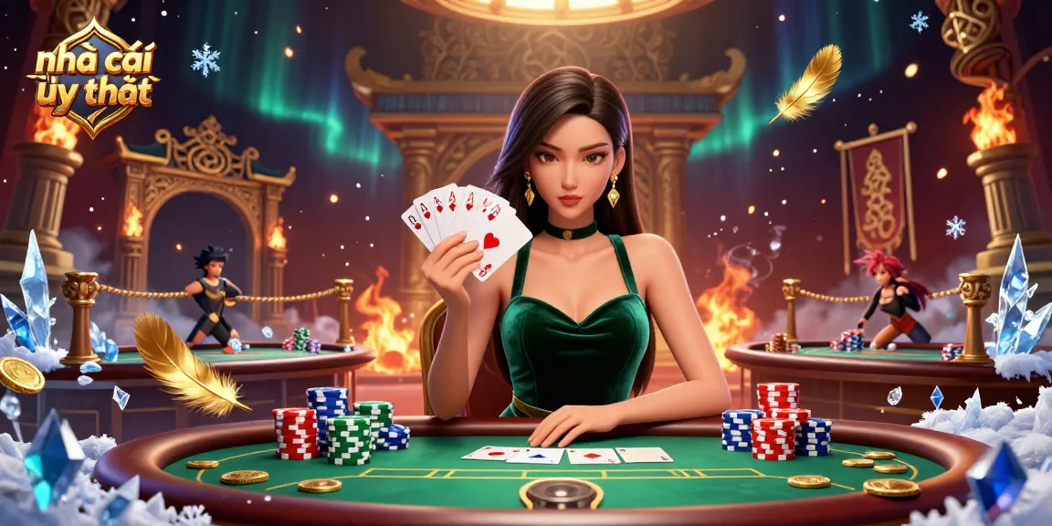 Engage with the thrilling world of nhà cái uy tín at a luxury poker table, surrounded by rich casino elements.