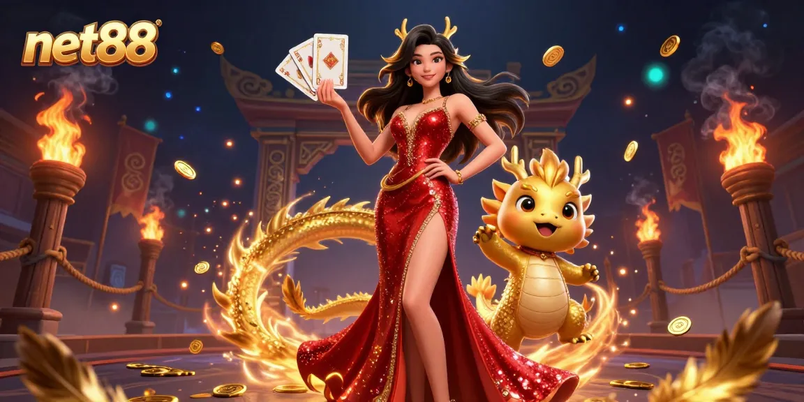 Experience the thrill of net88 with a glamorous Asian woman and golden dragon at a vibrant casino scene.