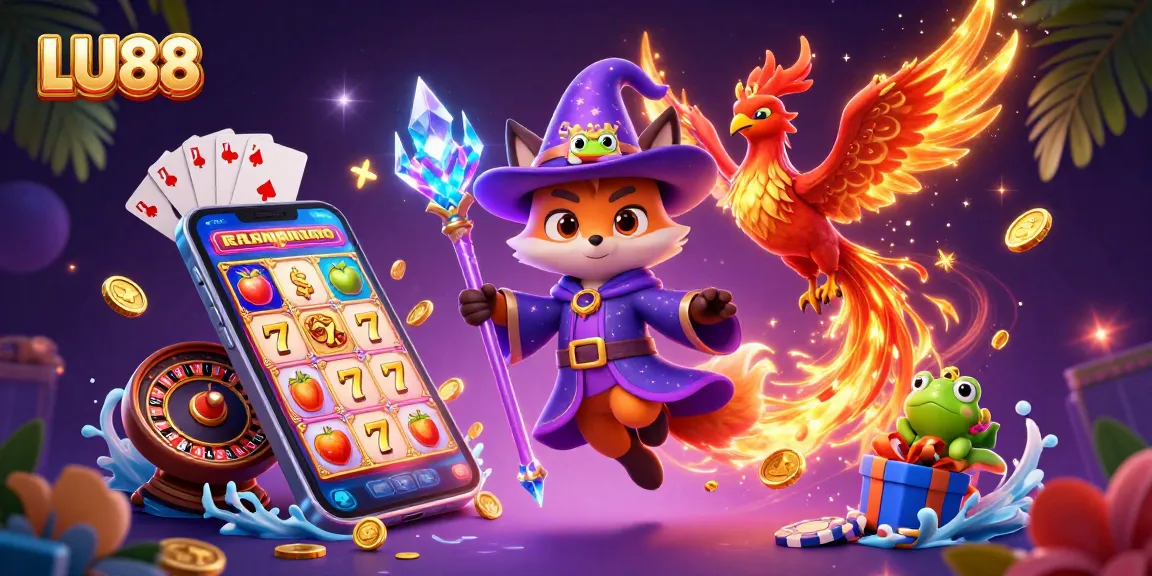 LU88 promotional illustration showcasing a wizard fox, phoenix, and enchanted frog amidst vibrant slot game elements, emphasizing fun and excitement.
