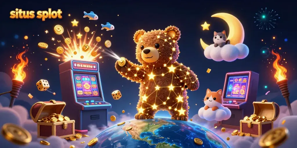 Gambarkan situs slot yang mengasyikkan dengan beruang bintang menjangkau koin pada jackpot spektakuler.