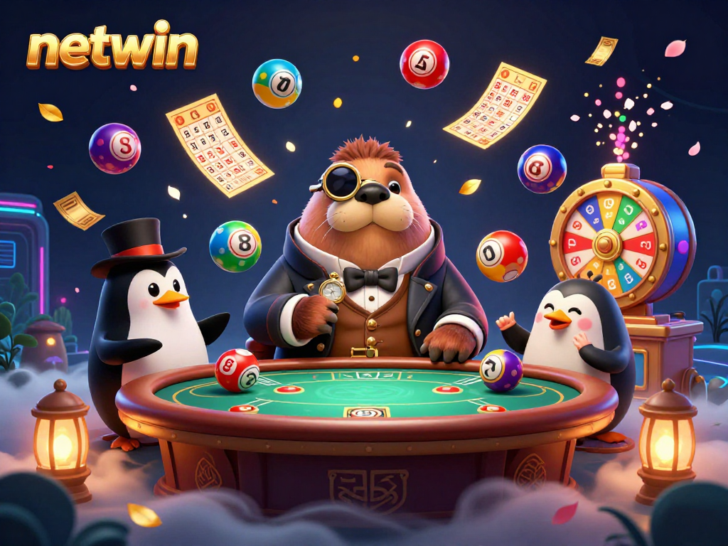 Experience the vibrant action of netwin with a jolly walrus, sophisticated dealer, and pufferfish at play in a lively casino scene.