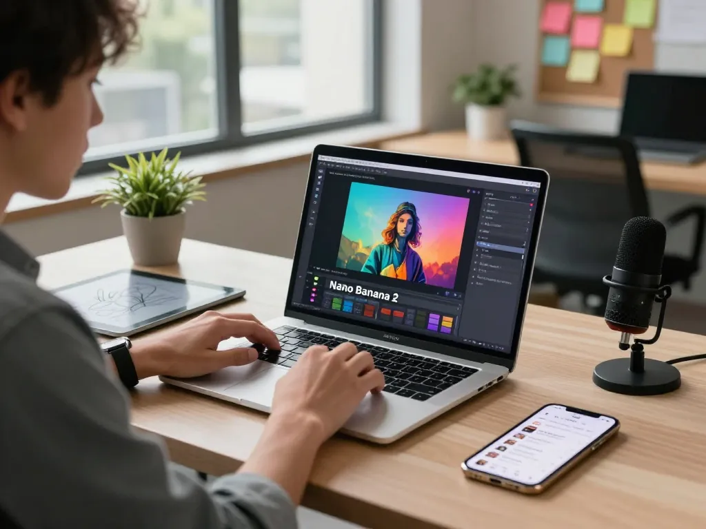 Creative workspace featuring Nano Banana 2 image editing interface, embodying innovation and productivity.